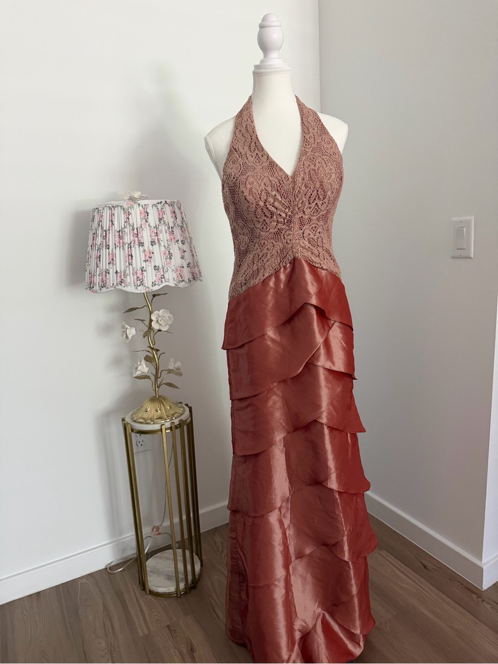 Ignite Evenings Elegant Halter Lace & Satin Tiered Wedding Dress in Dusty Rose